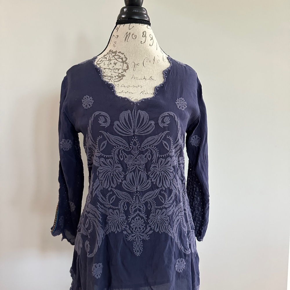 Johnny Was Embellished Asymmetrical Blue Blouse
